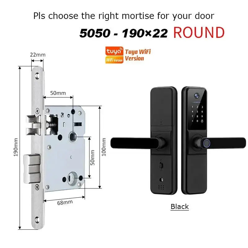 Electronic smart door lock set with biometric camera, Tuya WiFi; black smart lock and silver latch (2 items)
