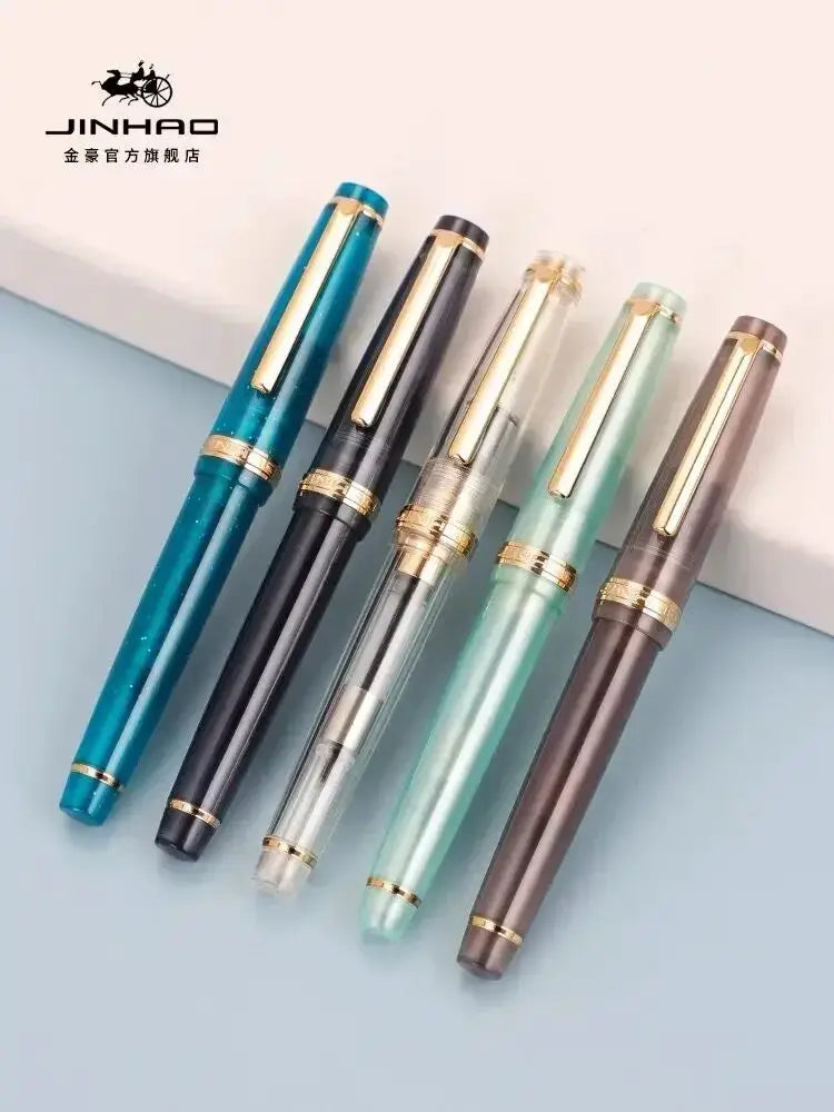 Jinhao 82 fountain pen set of five colored pens in teal, black, clear, mint, and brown with gold trim.