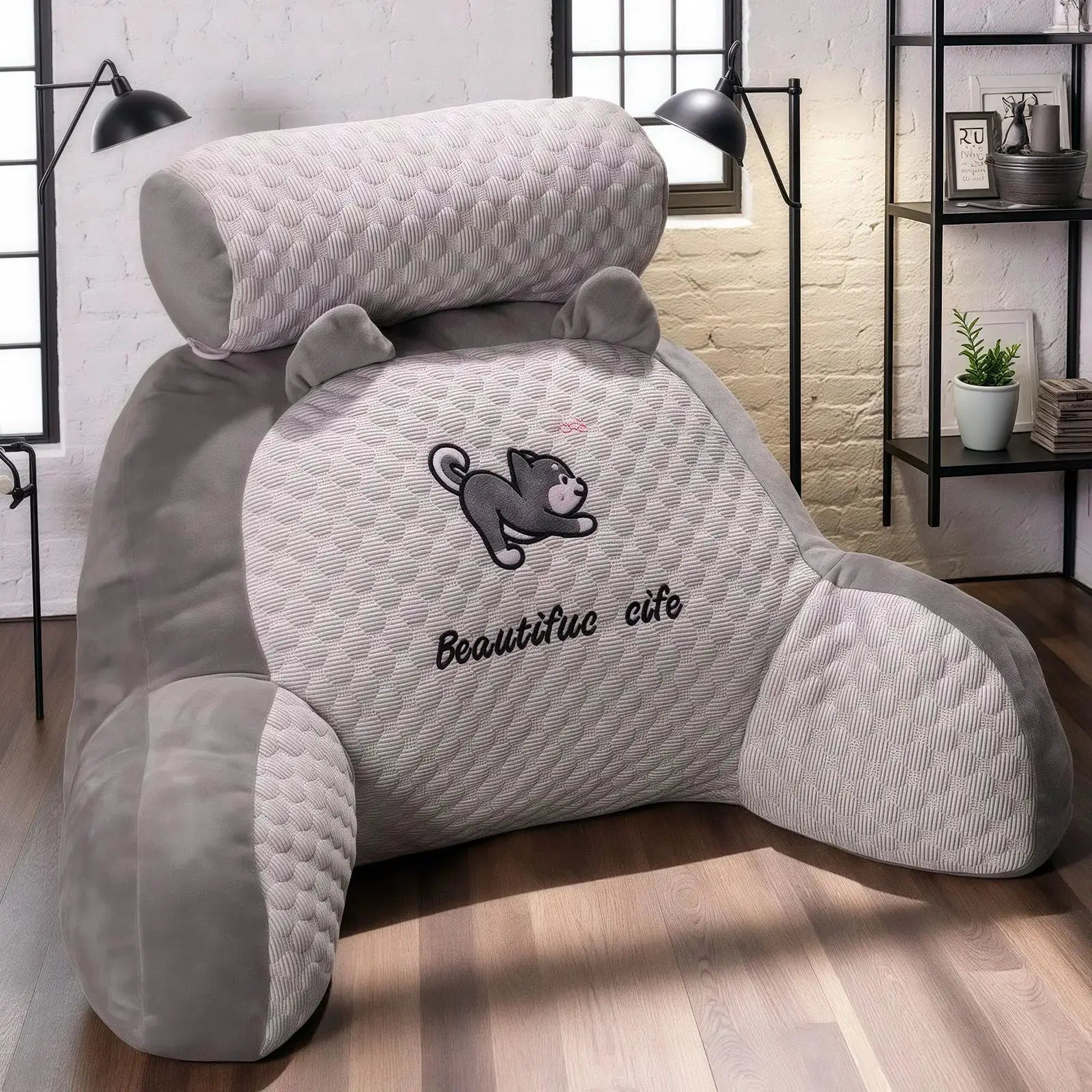 Adjustable reading pillow by Simples Market in gray quilted fabric with monkey embroidery for back support
