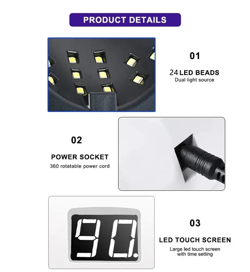 Professional gel nail polish kit by Simples Market with 24 LED beads, dual light source, rotatable power cord, and LED touch screen
