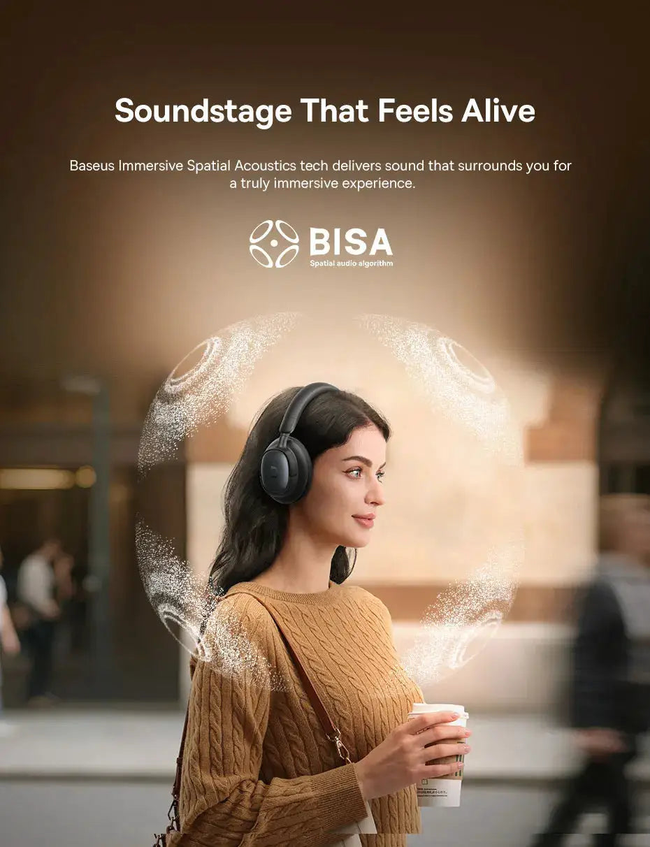 Baseus Bowie MH1 wireless over-ear headphones, black, worn by a woman in a mall