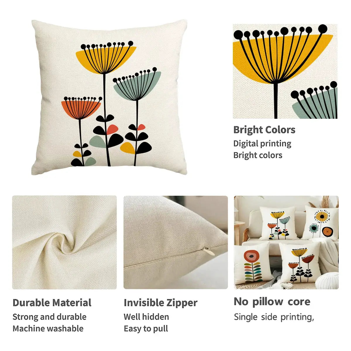 Pillow cover by Simples Market with cream background and bright floral print; Boho living room decor, no pillow core.