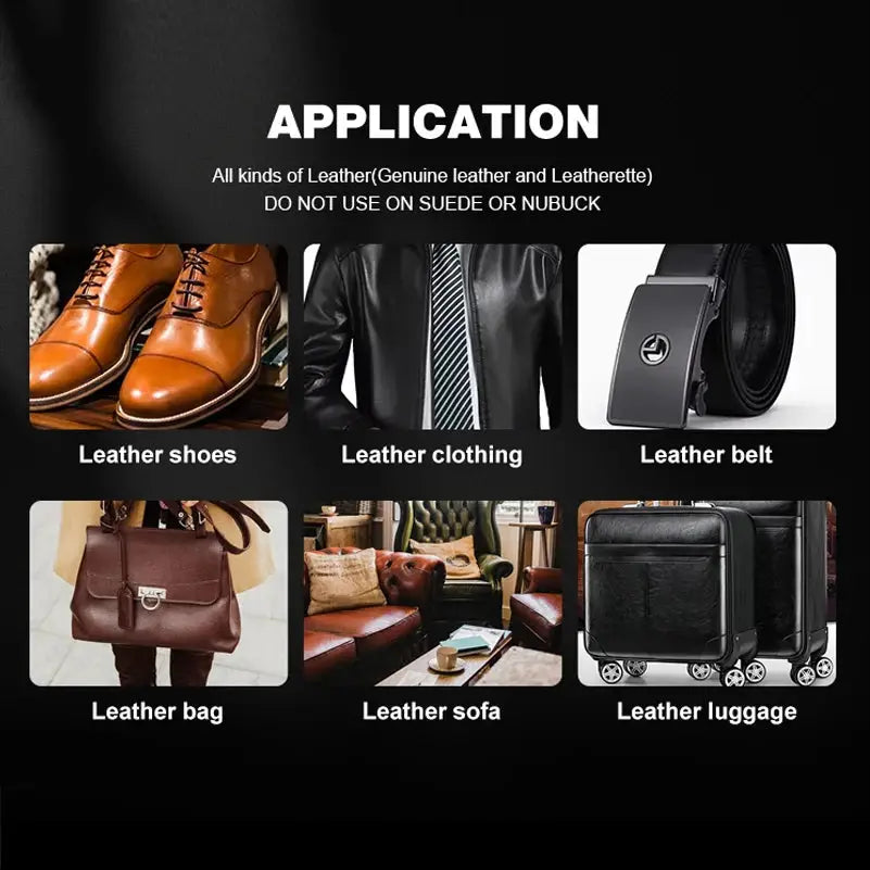 Simples Market leather care liquid shoe polish in neutral brown/black; 6 leather items shown.