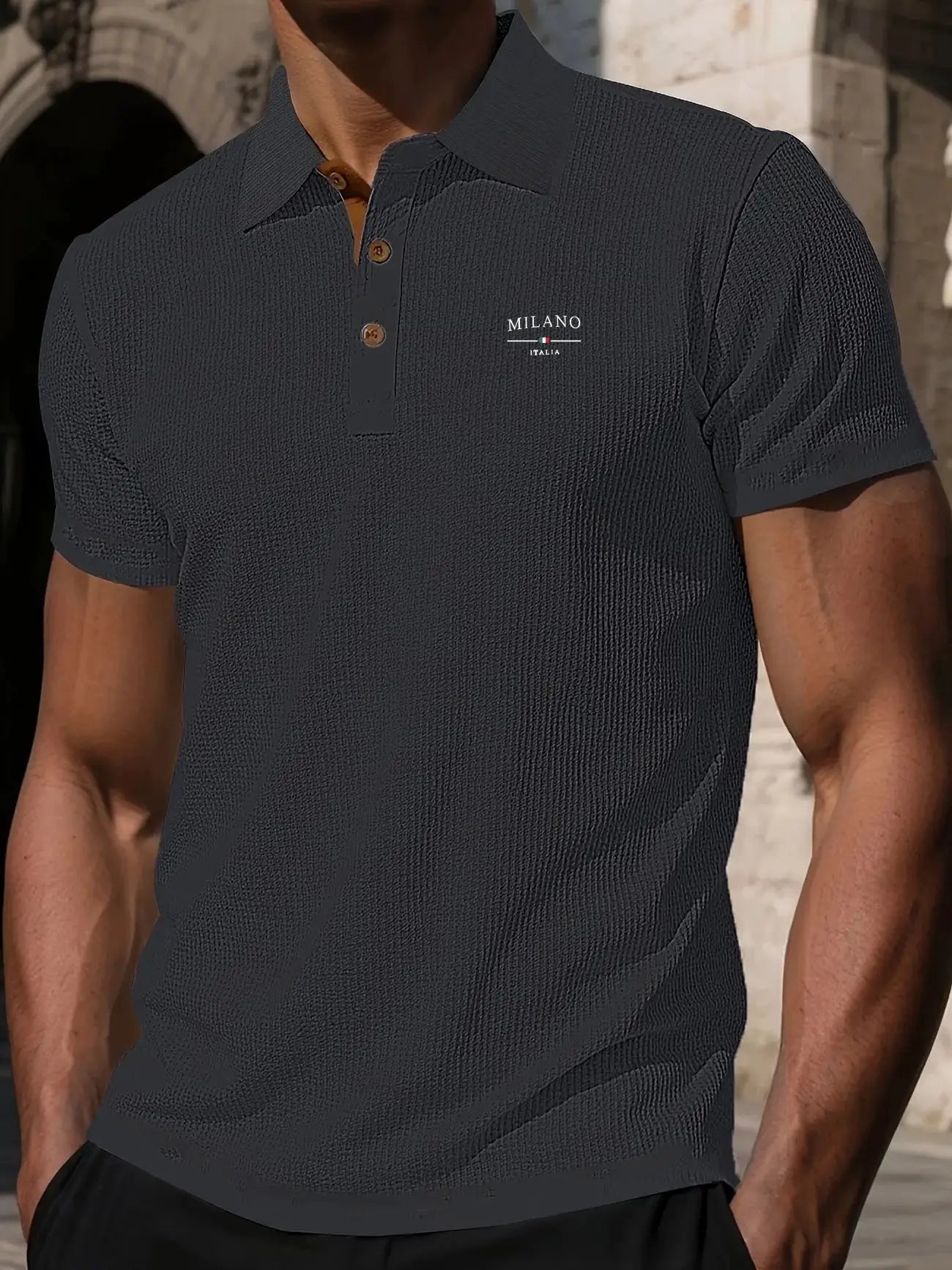 Men's short-sleeve polo shirt by Simples Market in dark navy with Milano Italia logo on chest