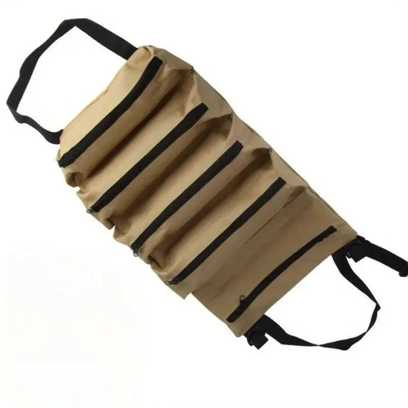 Multi-pocket tool bag by Simples Market; tan roll-up organizer with multiple external pockets and black zippers
