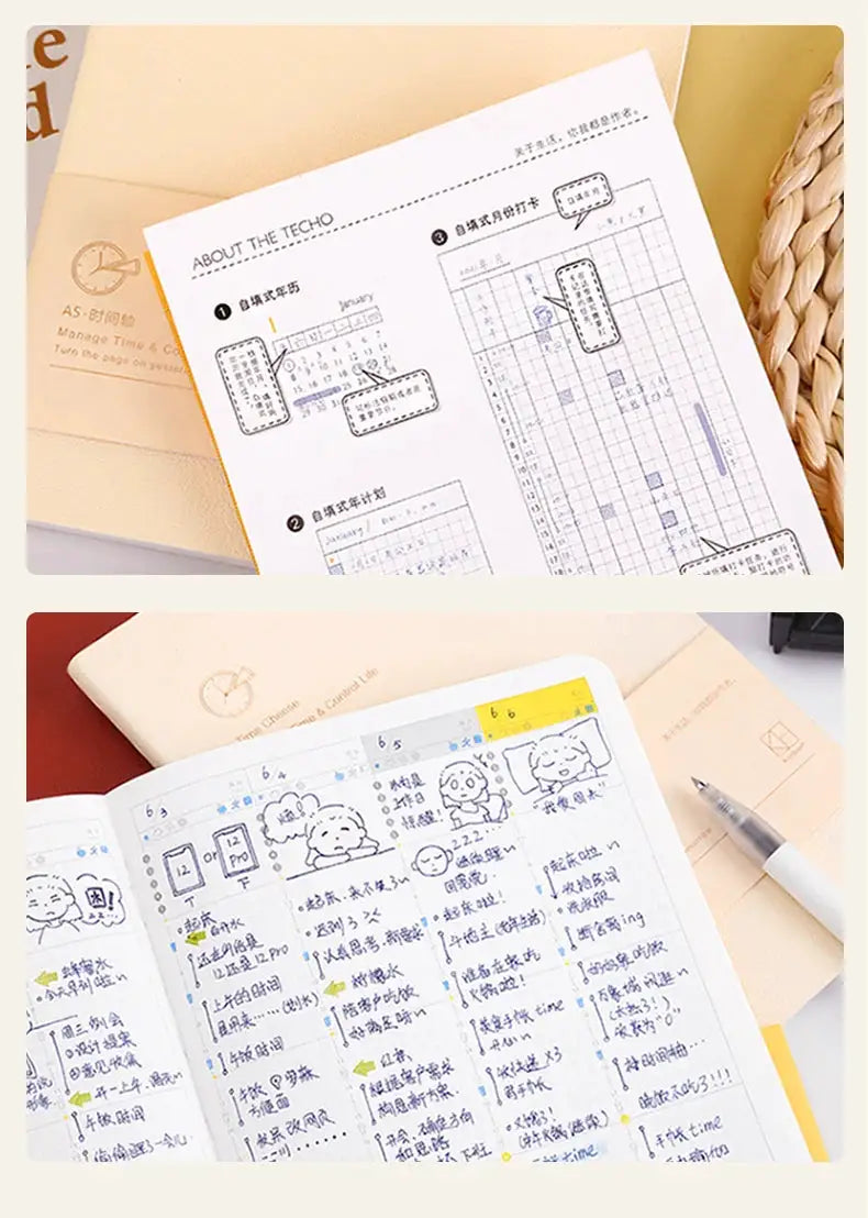 Kinbor weekly planner notebook undated agenda by Simples Market beige cover with grid pages and doodles