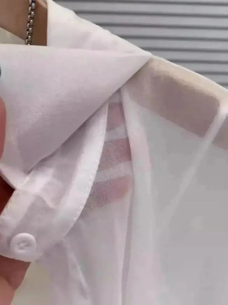 Plus Size White Ice Silk Sheer Blouse with Button Front, Simples Market