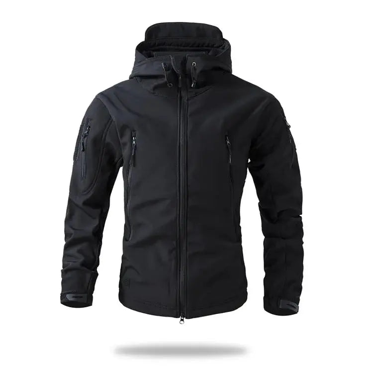 Lurker Shark Skin soft shell tactical jacket, men's black waterproof hooded coat with multiple zip pockets