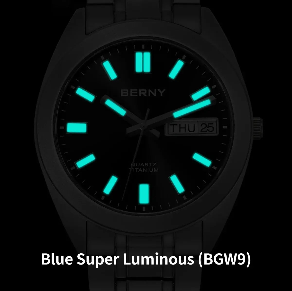 BERNY titanium men's watch with blue luminous markers