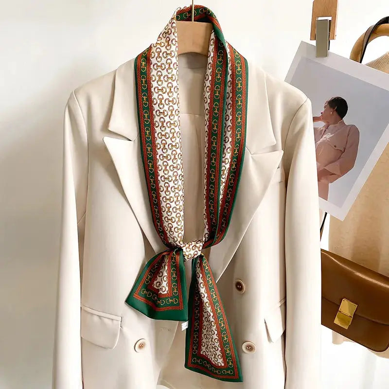 LuxeSilk Silk Feel Printed Design Scarf Versatile Long Narrow Silk Shawl For Fashionable Styles