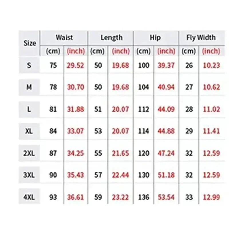 France Rapper Jul shorts size chart by Simples Market; waist/length/hip/fly width for S-4XL