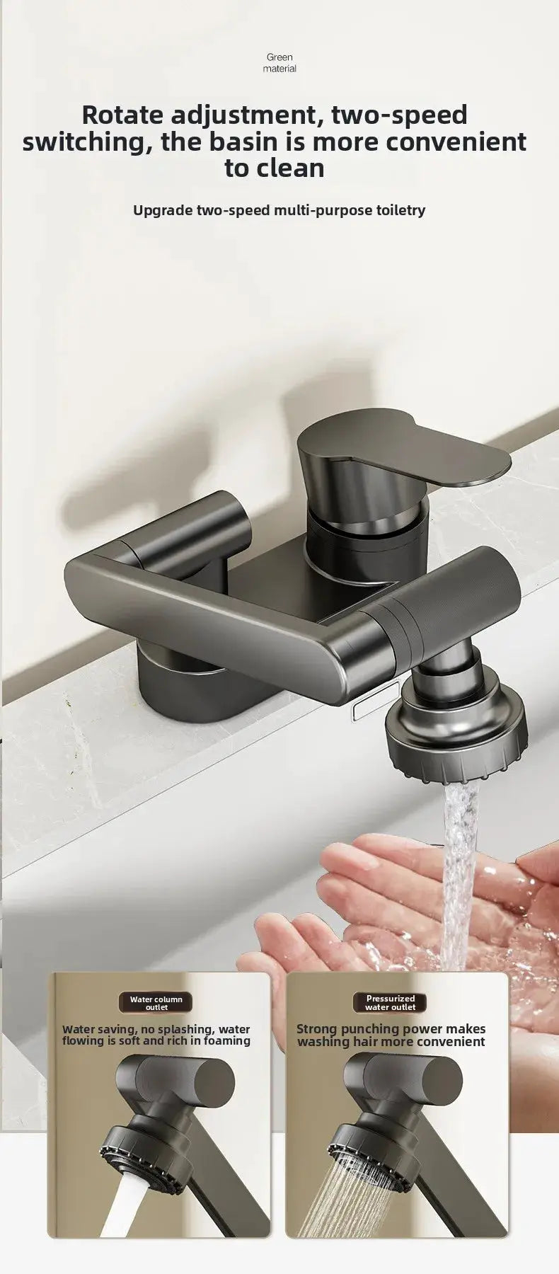 Simples Market wash basin faucet in matte gray with two-hole hot/cold design and rotating nozzle