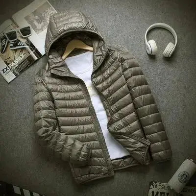 Simples Market men's hooded down jacket, olive quilted puffer, lightweight warm