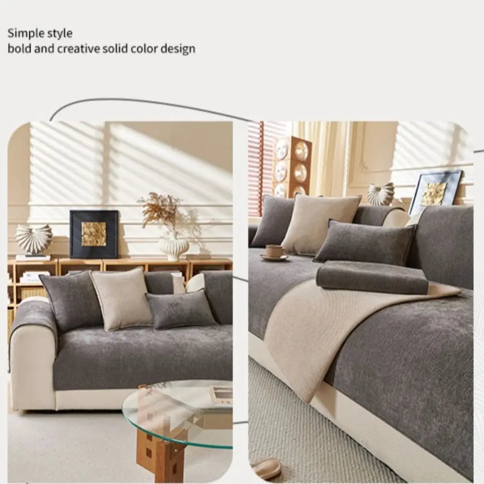 Minimalist Twill Chenille Anti-Slip Sofa Cover in grey with beige accents.
