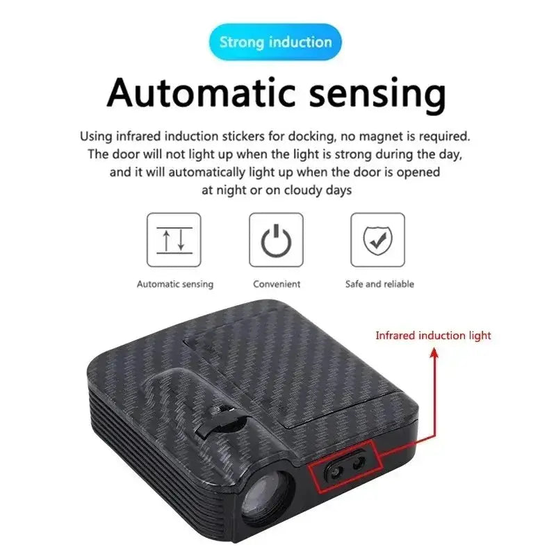 Wireless HD Laser Car Door Projector by Simples Market; black carbon-fiber finish with battery-powered LED welcome lights