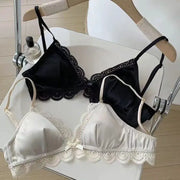 Simples Market SP&CITY triangle-cup lace bras, black lace and ivory satin cups with bows, 2-pack