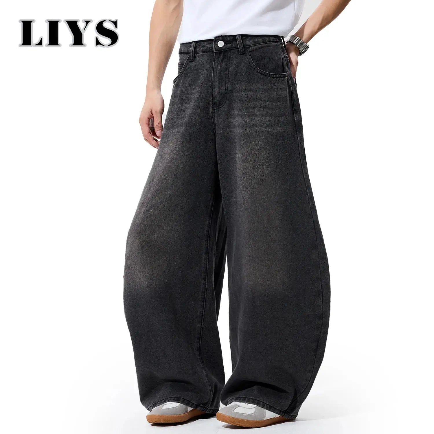 Wide-leg baggy denim jeans for men in grey-black wash, LIYS brand