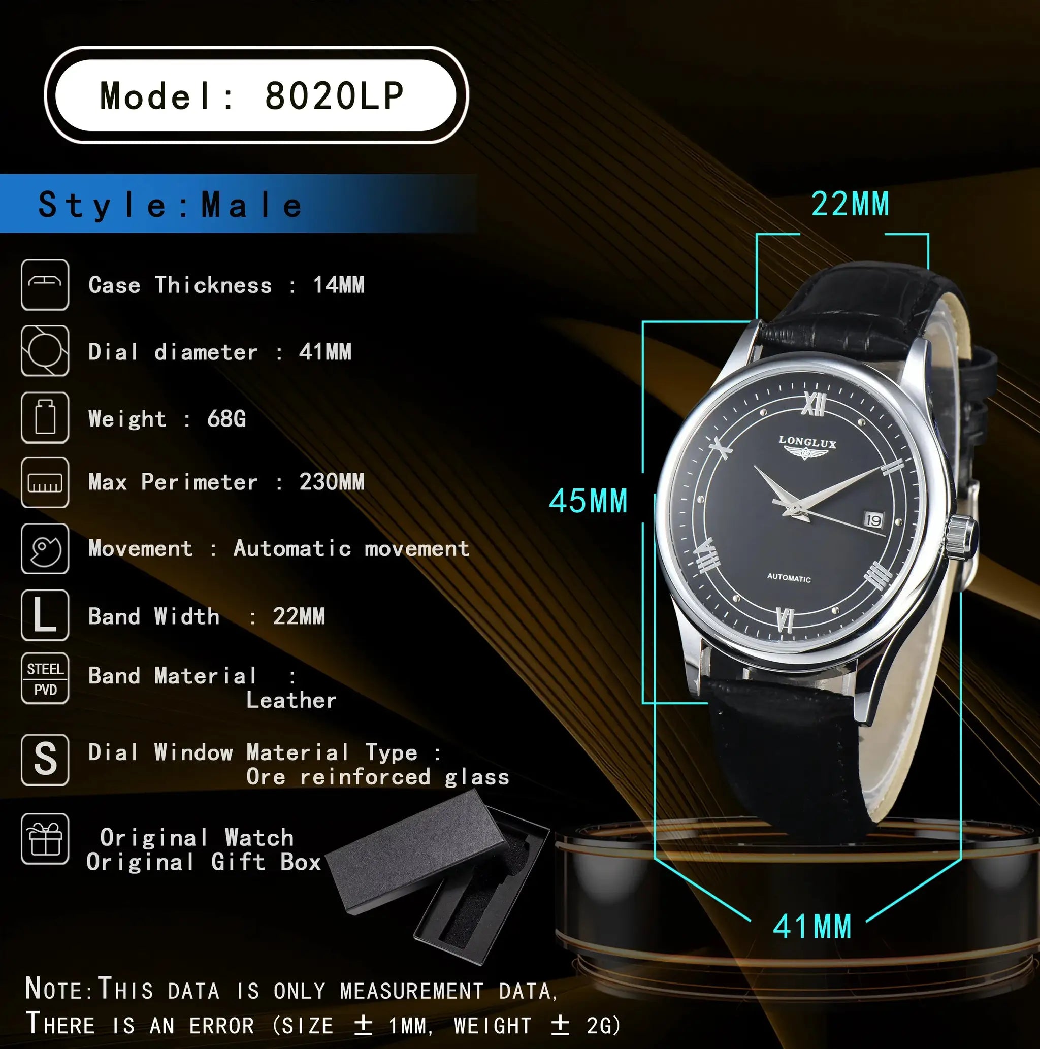LONGLUX automatic men's watch with black leather strap and silver case