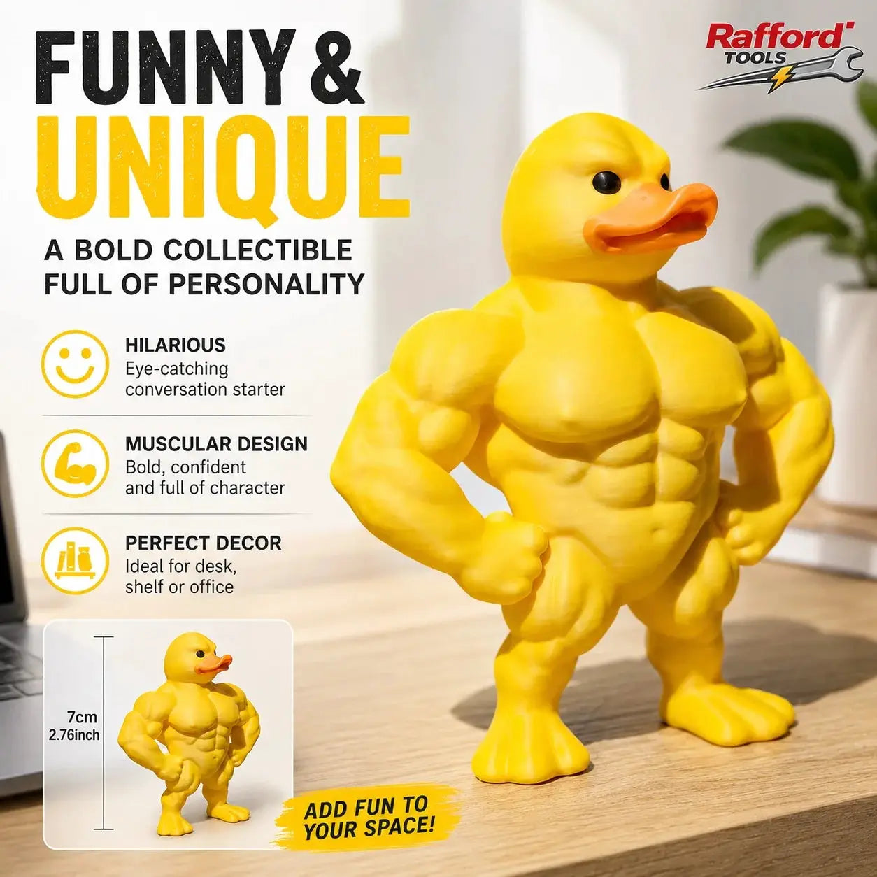 Muscle Duck Statue by Simples Market; yellow muscular rubber duck desk decor for indoor/outdoor spaces