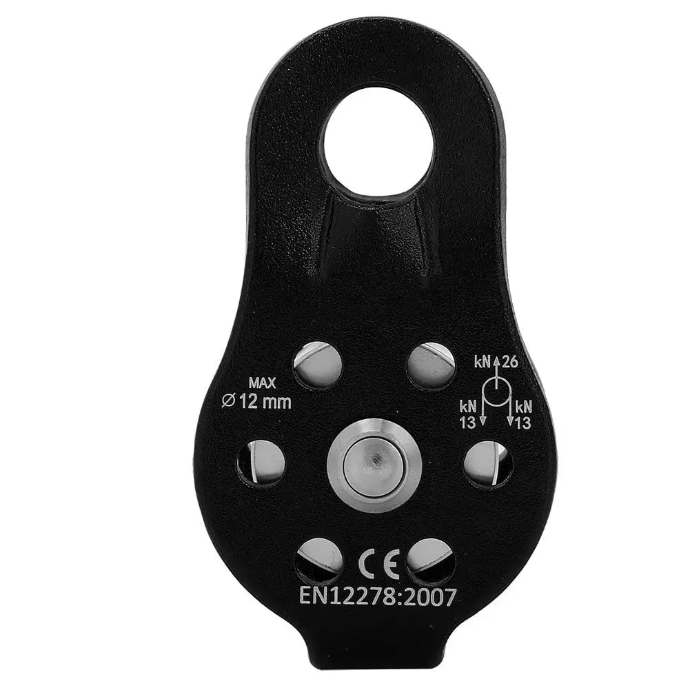 Single swivel rope pulley block, black aluminium alloy, 26kN rating, for 12mm rope.