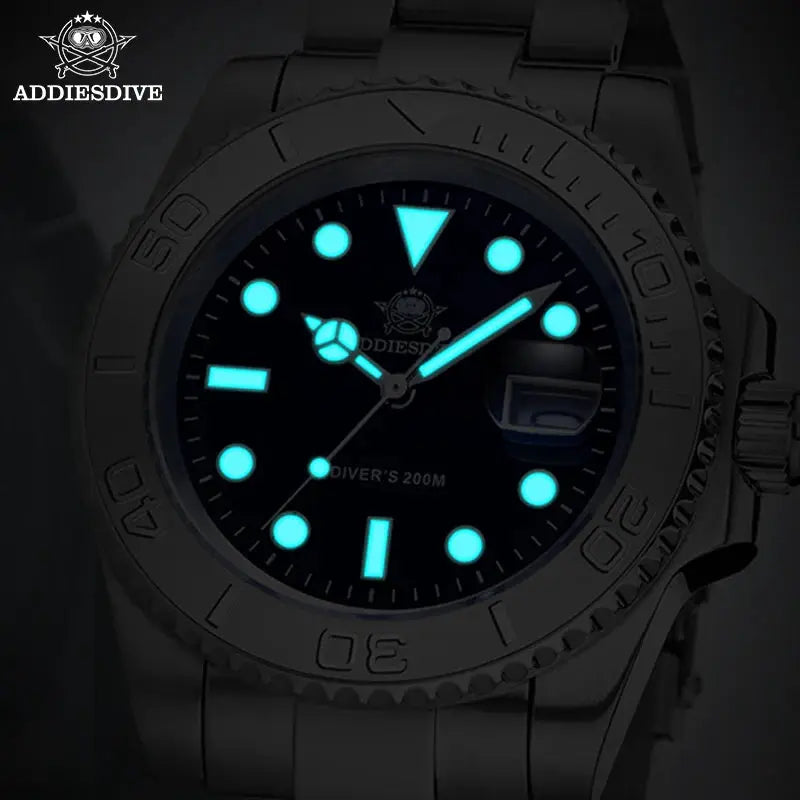 ADDIESDIVE men's quartz diver watch, steel case/bracelet, blue luminous dial, 200m water resistant