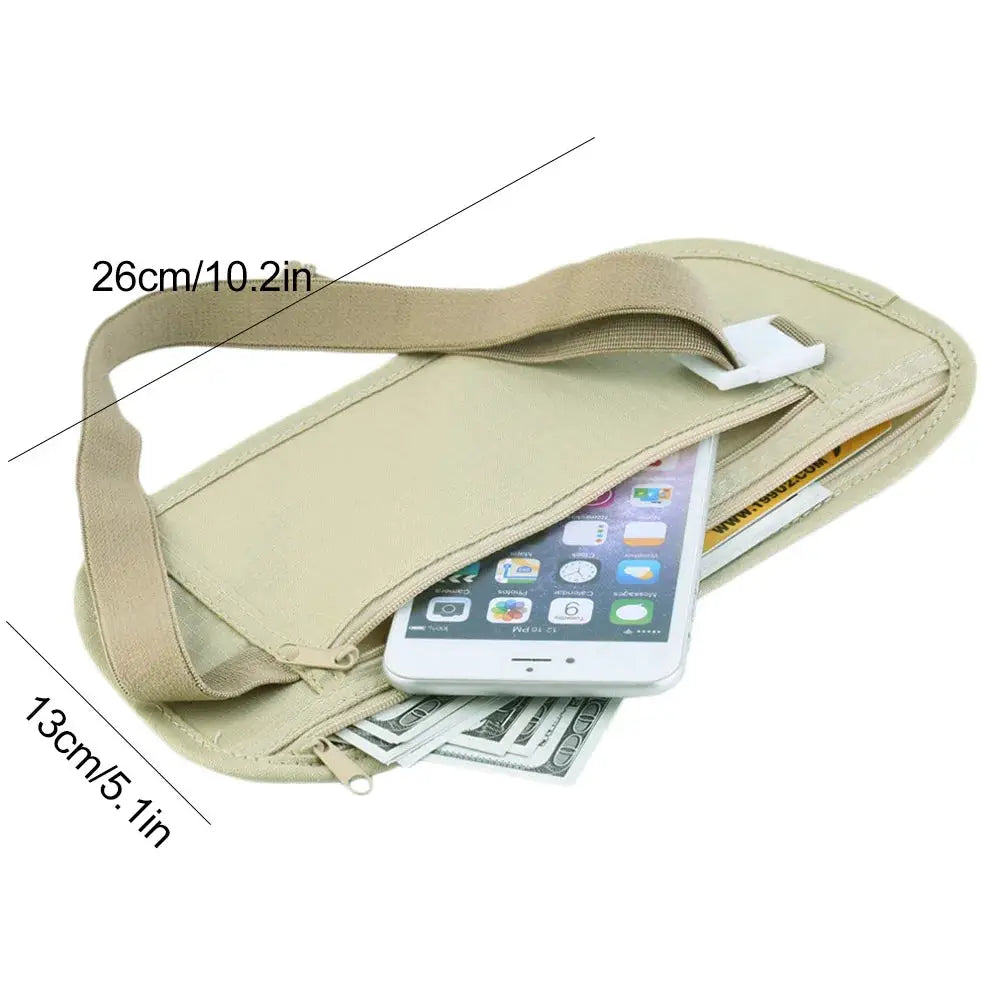 Invisible travel waist pouch by Simples Market in beige with strap; slim passport money belt for phone, cards, cash