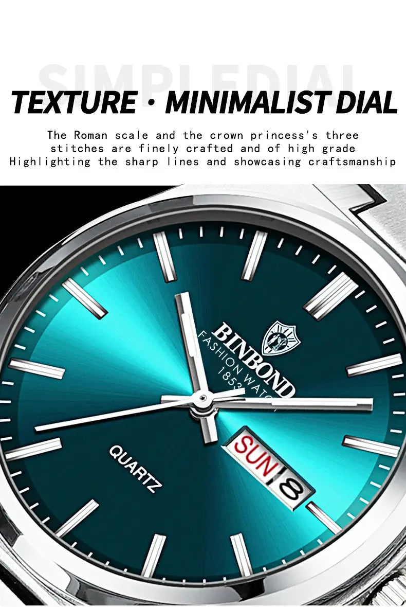 BINBOND men's fashion quartz watch with blue gradient dial, stainless steel case, luminous hands, calendar date window