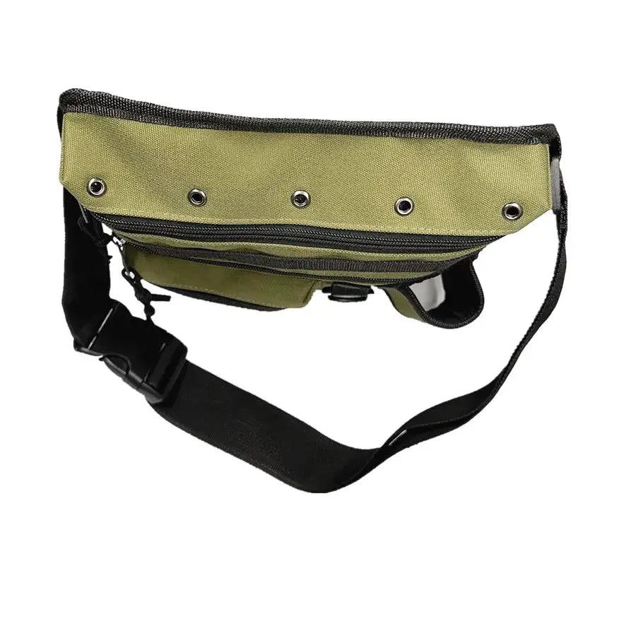 Metal detector finds bag by Simples Market, olive green pouch with zip pocket and adjustable black strap.