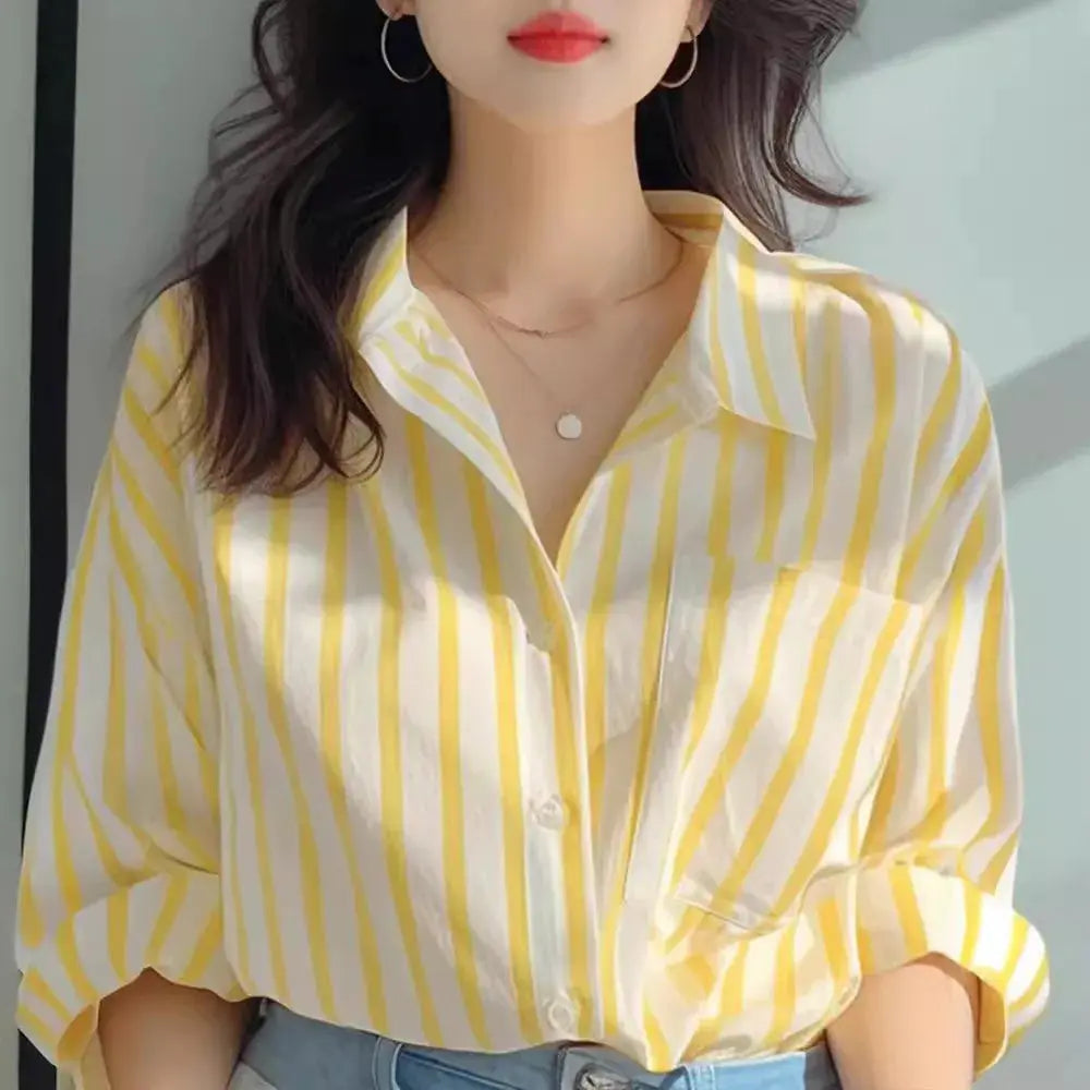 Yellow and white striped women's shirt, casual long-sleeve EU-style top.