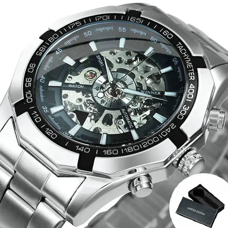 WINNER Classic Skeleton Watch for Men with luminous hands and stainless steel strap