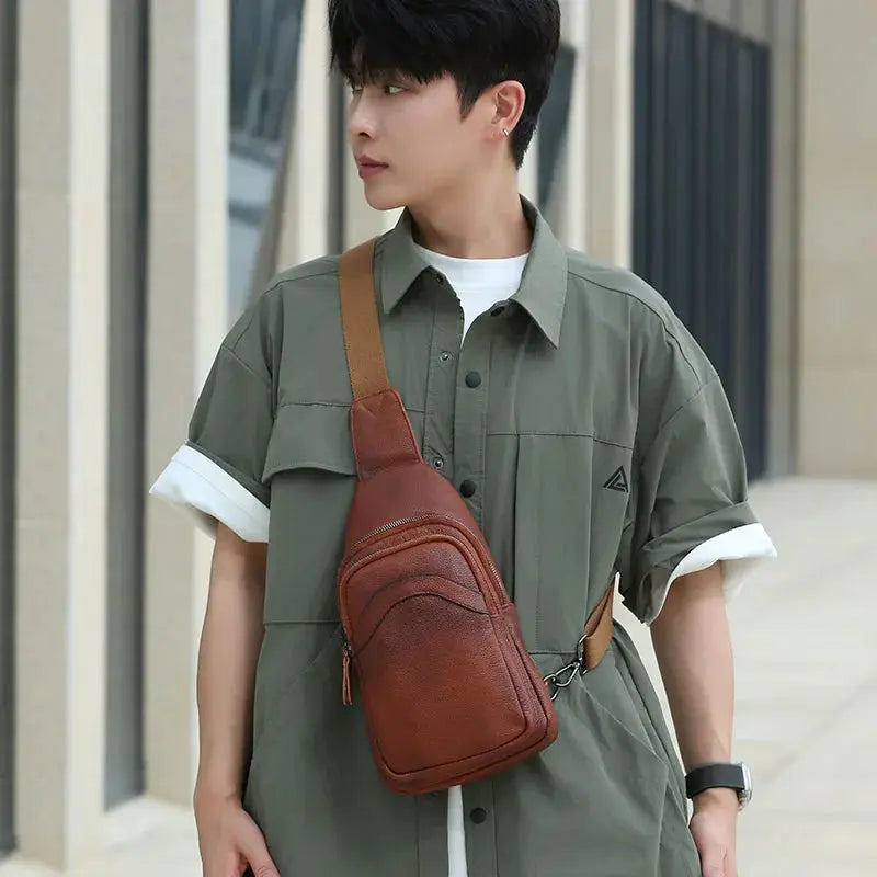 Men's brown genuine top-grain leather chest bag by Simples Market; crossbody, large capacity