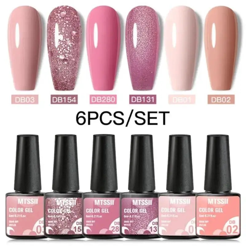 Mtssii 6pc pink gel nail polish set with glitter/sequin shades; includes base, matte and top coat (LED/UV soak-off)
