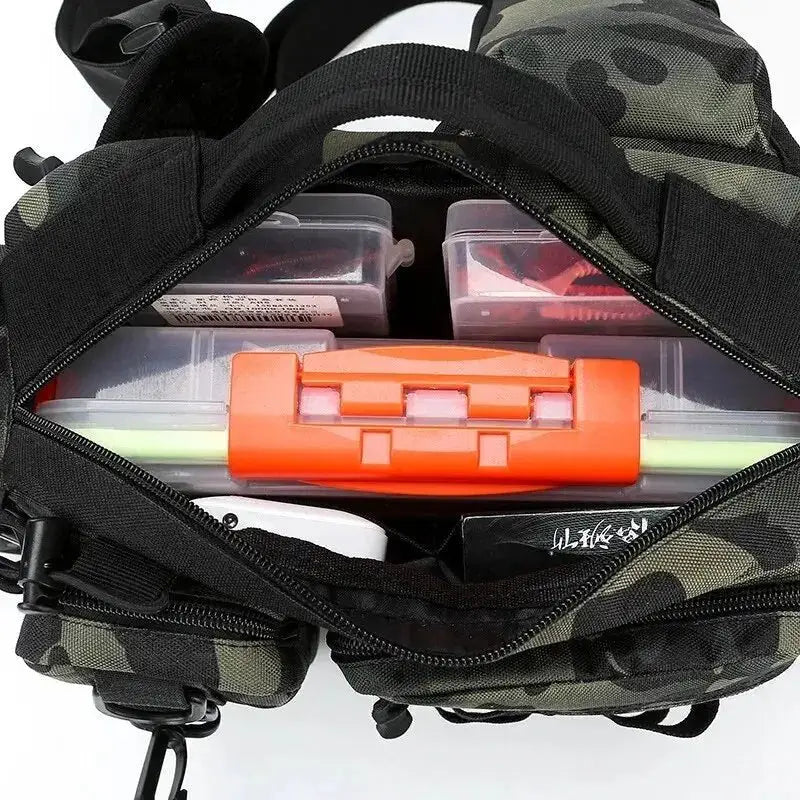 Multi-Purpose Fishing Tackle & Lure Backpack showing organized gear with tackle boxes and tools inside.