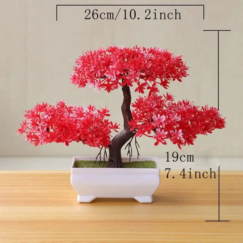 Simples Market artificial bonsai tree in a white ceramic pot with red blossoms