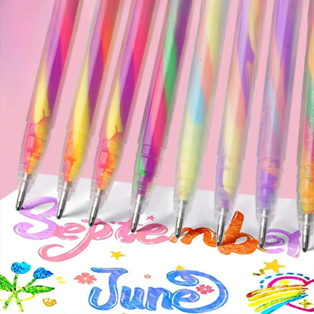 6pc glitter gel highlighter pens set with pastel marbled barrels and 1.2mm tips