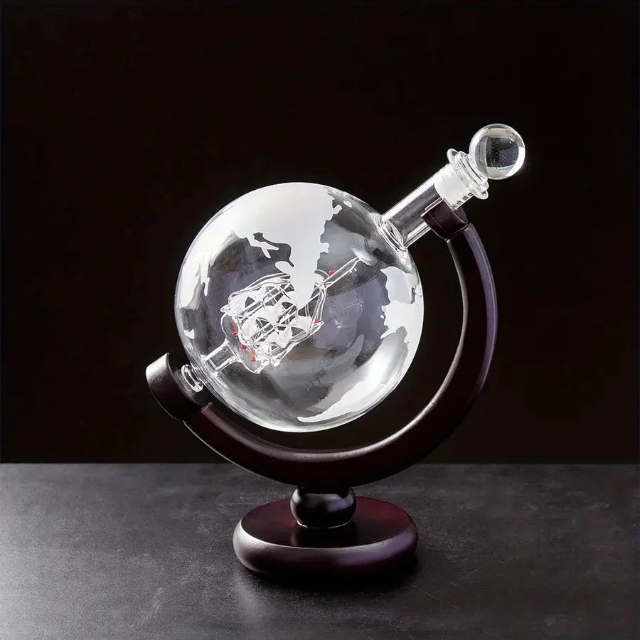 900ML Globe Decanter Set With Lead Free Carafe Wood Stand And Two Glasses Whiskey Gift