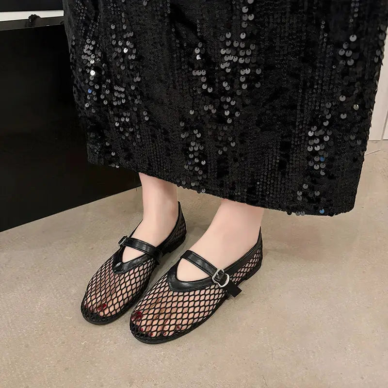 AeroWear Cut Out Mary Jane Flats Breathable Air Mesh Upper With Fishnet Design For All Day Comfort