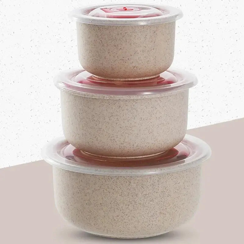 Three Piece Wheat Straw Fresh Keeping Bowls Set With Lids Microwave Safe Round Lunch Boxes For Home Use