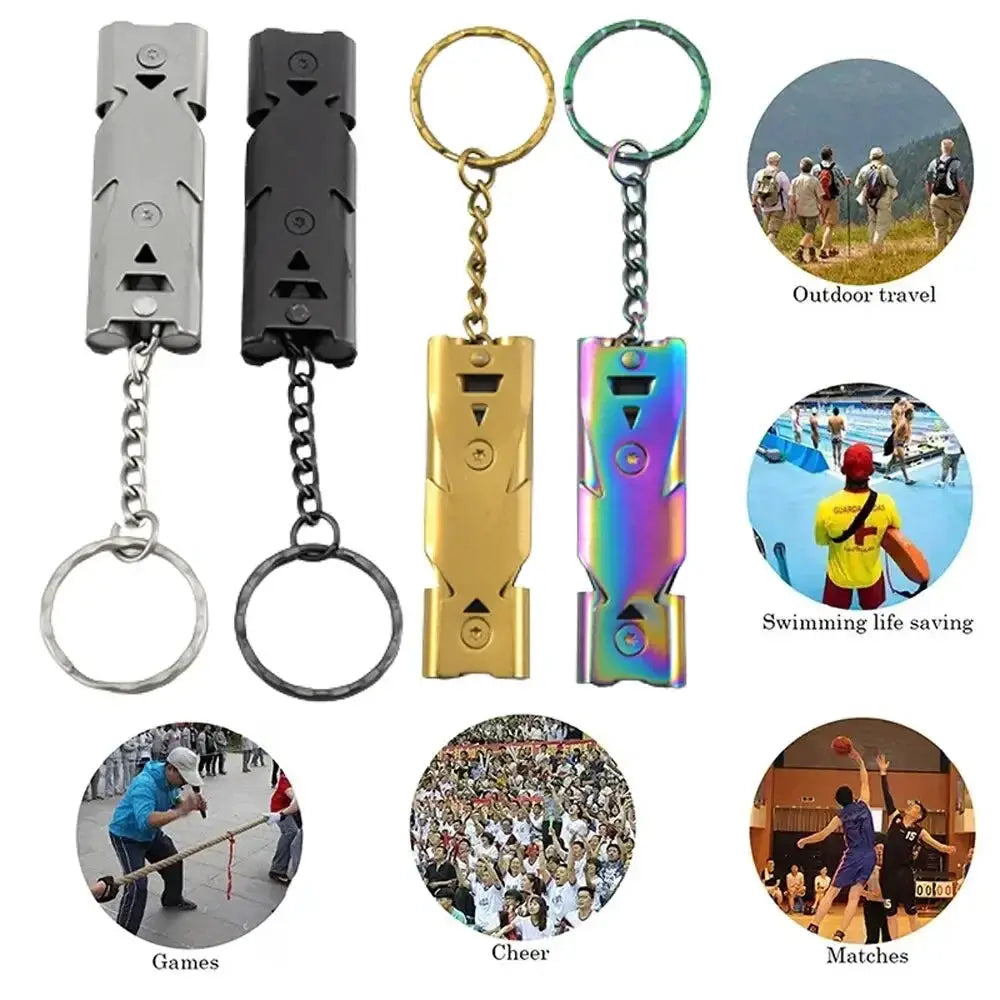 Double pipe whistle pendant keychain set of four in silver, black, gold, and rainbow