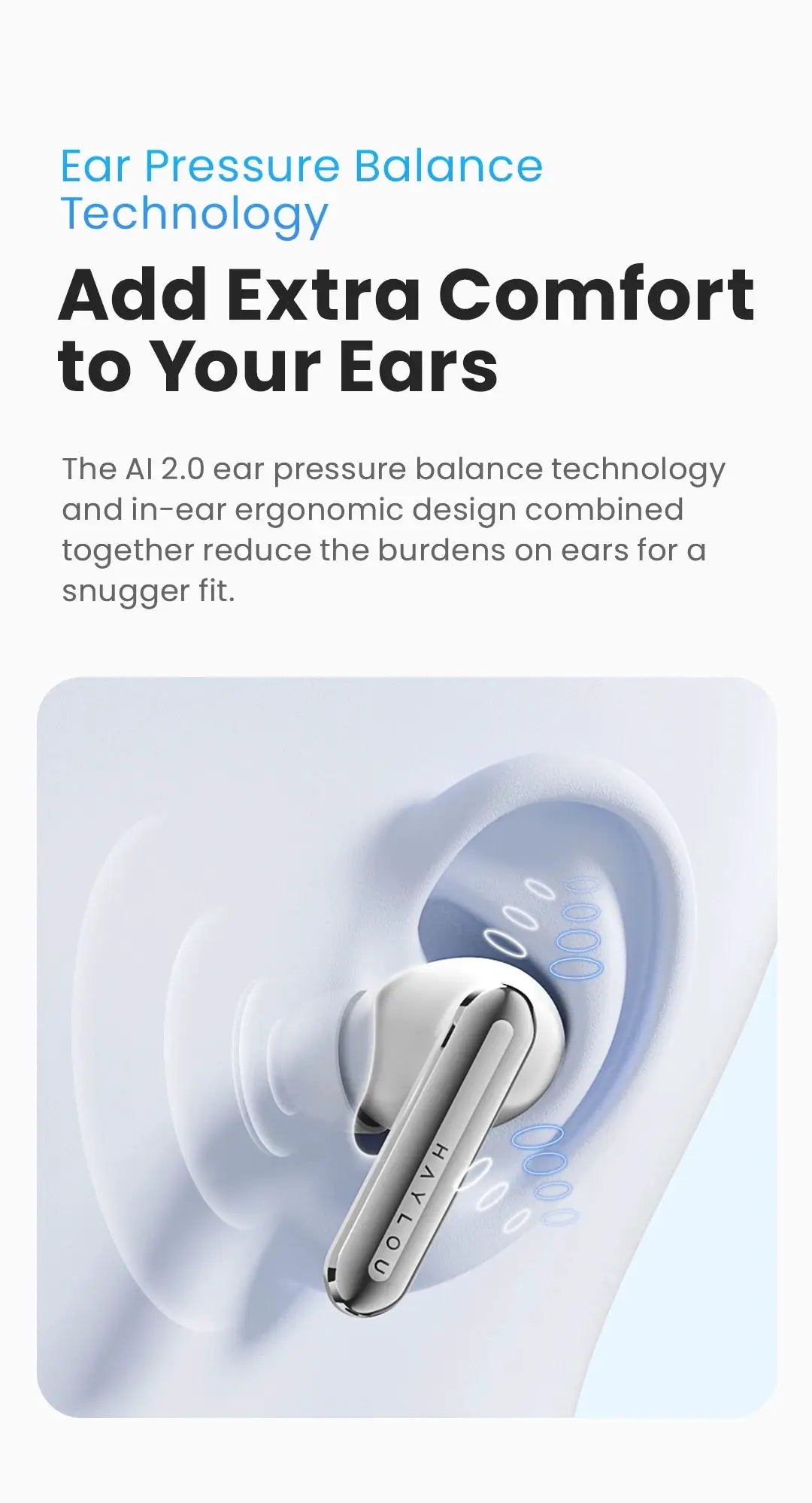 Haylou Mori Pro wireless earphones by Simples Market; white earbuds with blue accents and charging case