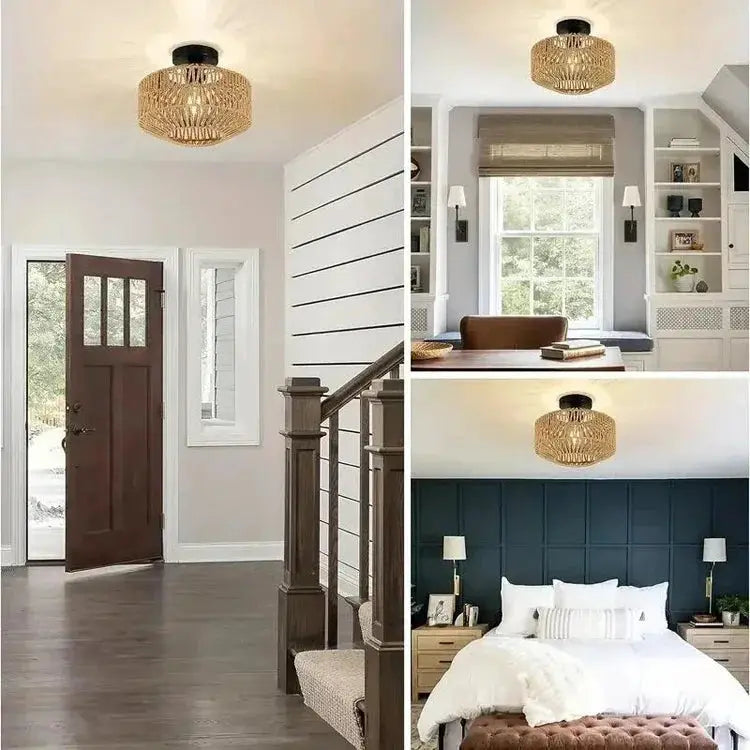 Natural bamboo ceiling chandelier by Simples Market; woven rattan pendant light in beige, shown in three room settings.