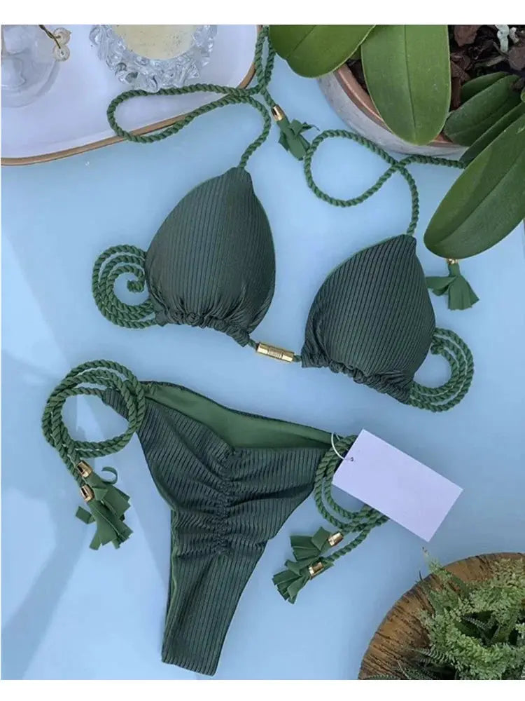 Simples Market bikini set: green ribbed backless triangle top with rope sides and high-cut bottoms