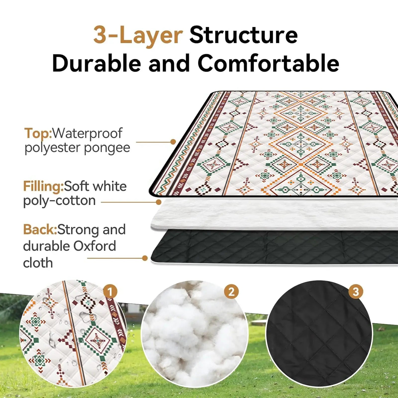 Waterproof picnic blanket by Simples Market 200x200cm with carrying handle; patterned top, polyester pongee, Oxford back