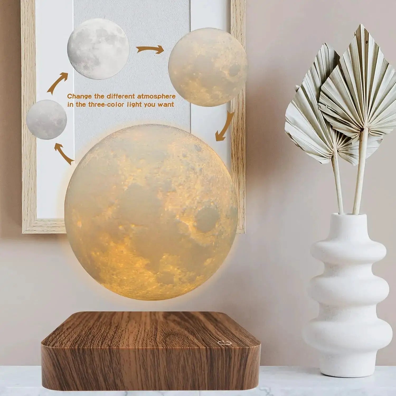 Floating magnetic moon lamp on a wooden base with warm LED glow and 3 color temperatures