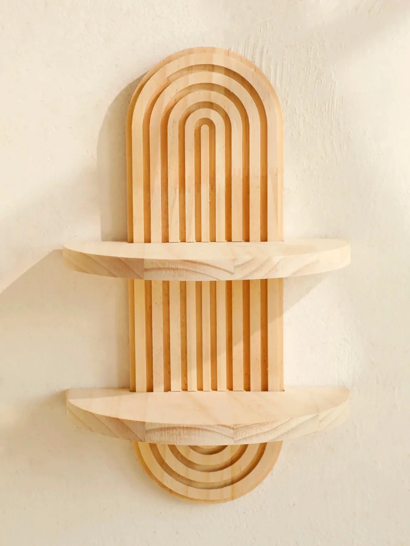 1Pc Boho style geometric wooden wall shelf with arch-shaped panels in natural wood finish