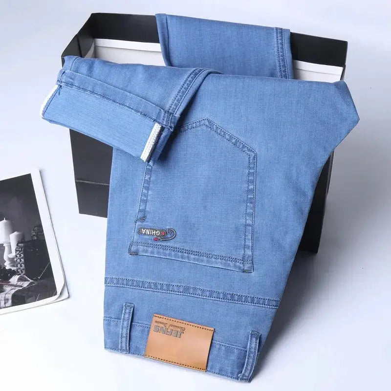 Ice Silk Denim Jeans For Men Blue Straight Stretch Cotton Pants