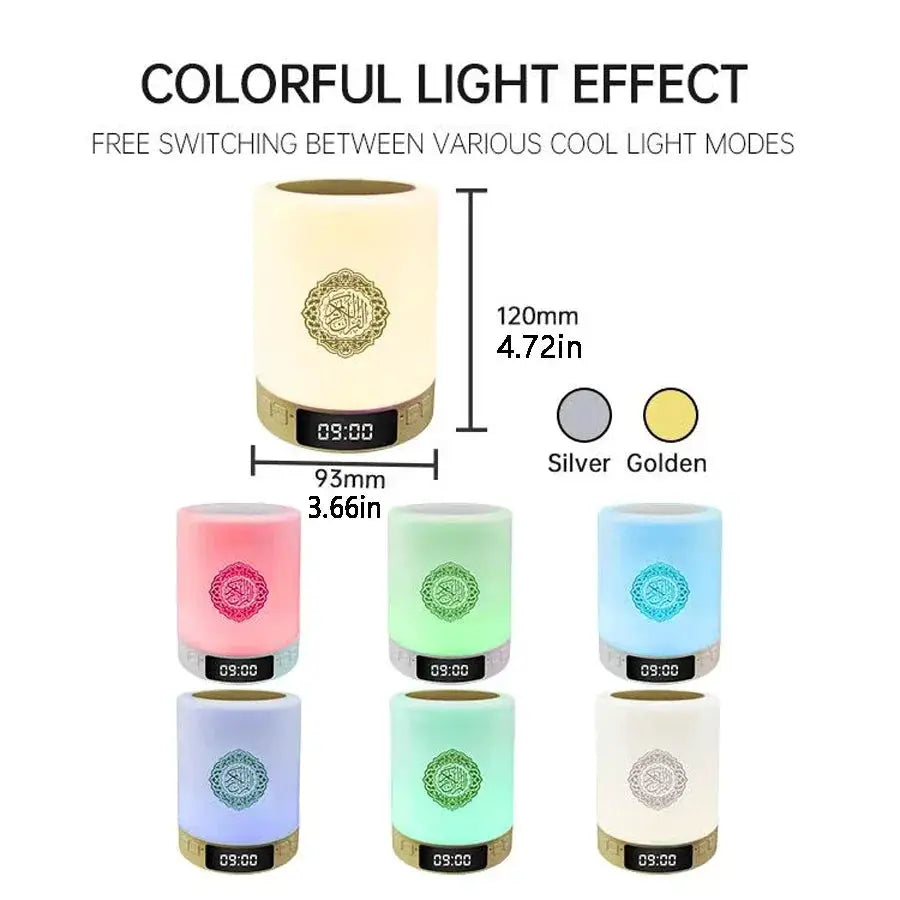 Portable multifunctional sound machine with LED night light and Bluetooth speaker; seven color options shown.