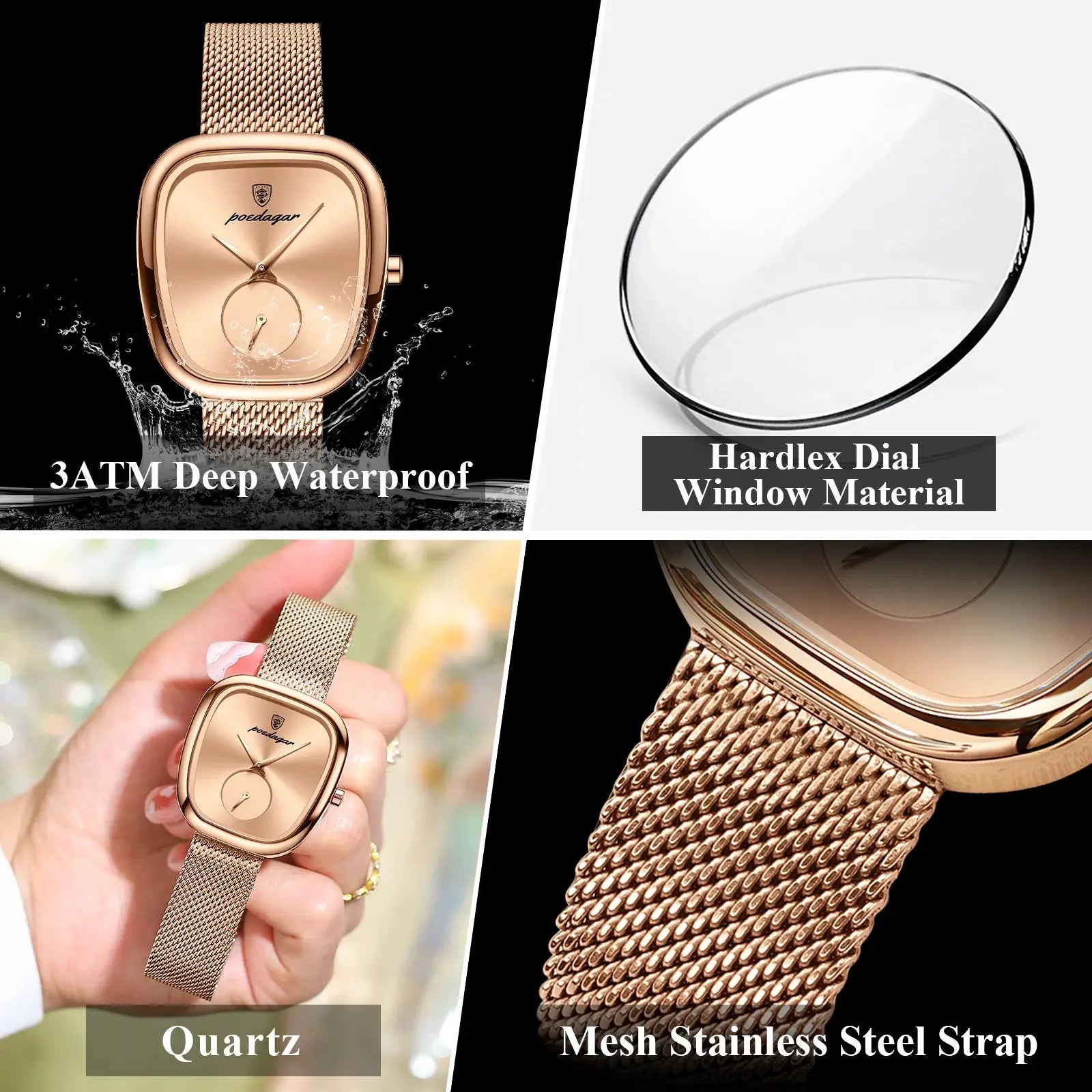 POEDAGAR women's rose-gold mesh stainless steel watch, quartz, 3ATM waterproof
