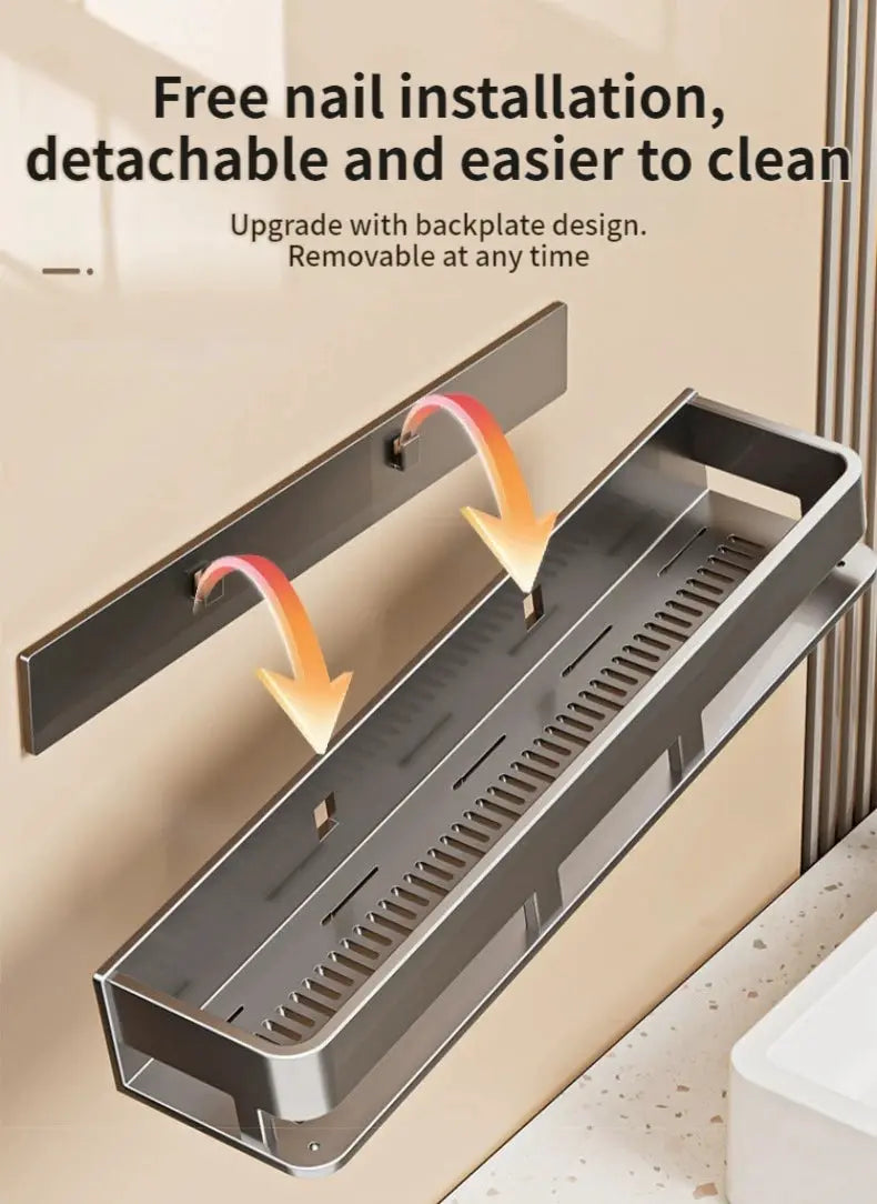 Aluminum wall-mounted kitchen rack by Simples Market, silver bathroom organizer with no-drill hanging design.