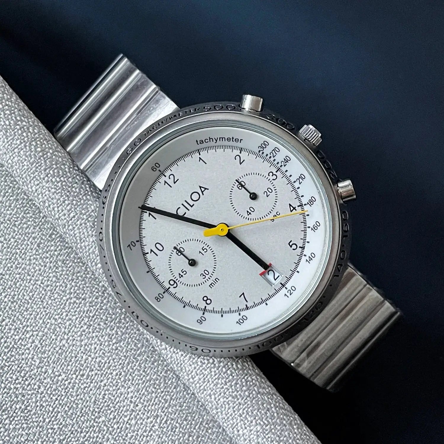 CILOA men's stainless steel watch with large round silver dial, tachymeter and chronograph subdials